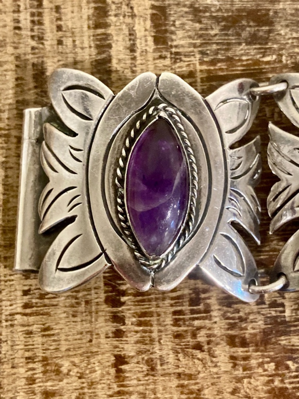 Vintage Mexican Silver & Purple Panel Bracelet • 83g • Handcrafted Boho Style - Picture 10 of 16